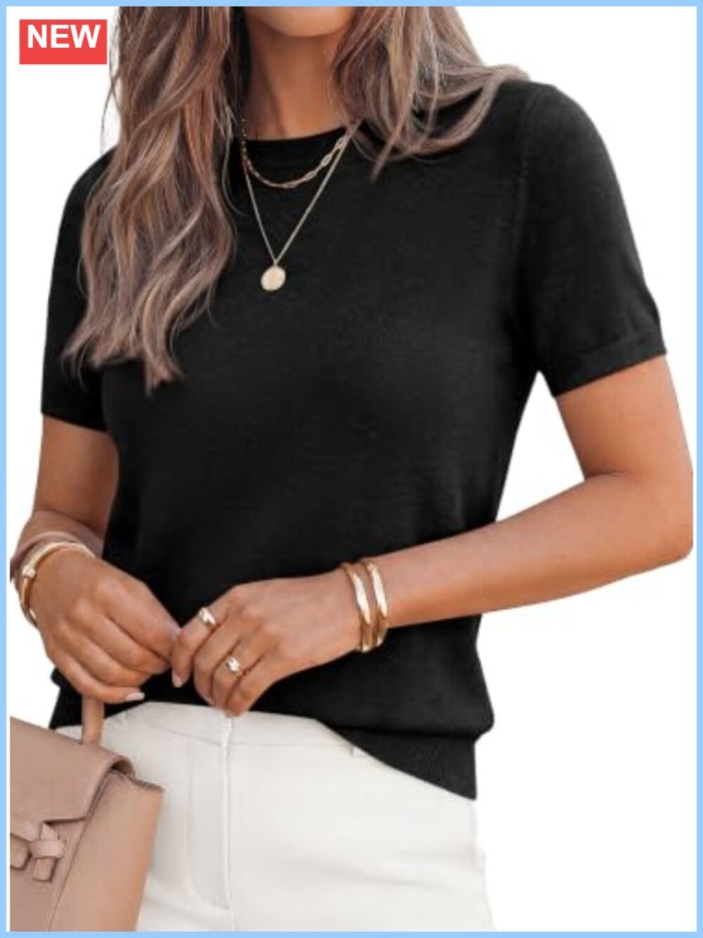 Women's Short Sleeve Knit Pullover Sweater Crew Neck Ribbed Relaxed Fit